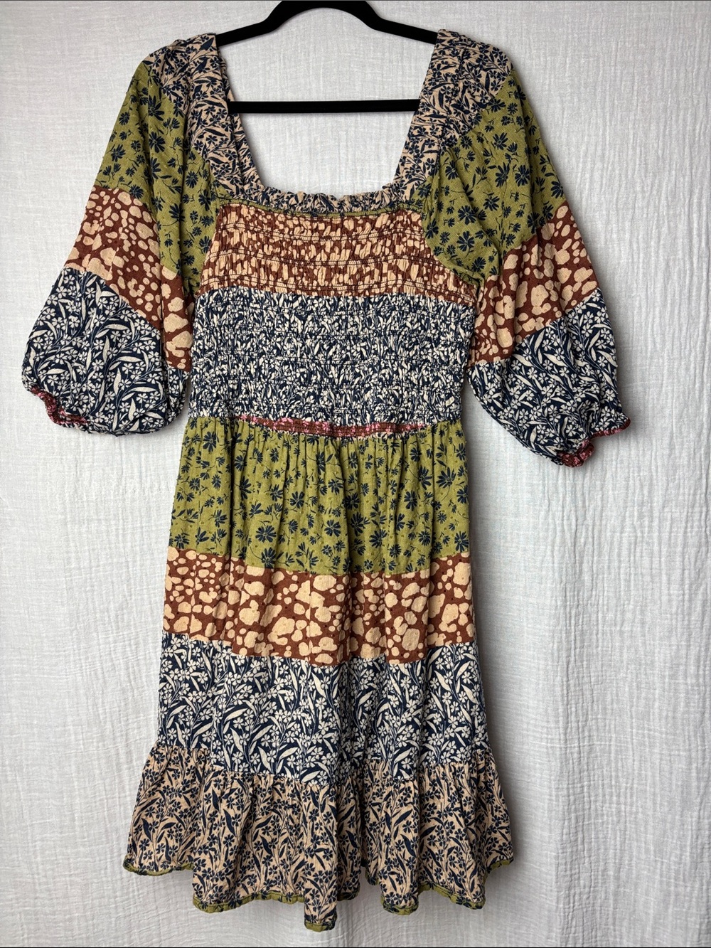Jessica Simpson L Boho Patchwork Tiered Midi Dress - Olive Multi